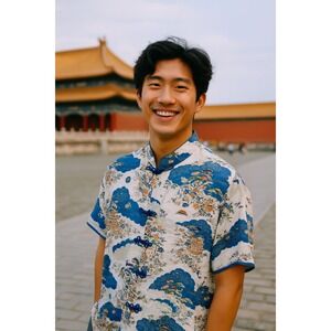 Hand Printed Asian Style Shirt‎ Pagoda Floral Short Sleeve Top Size L